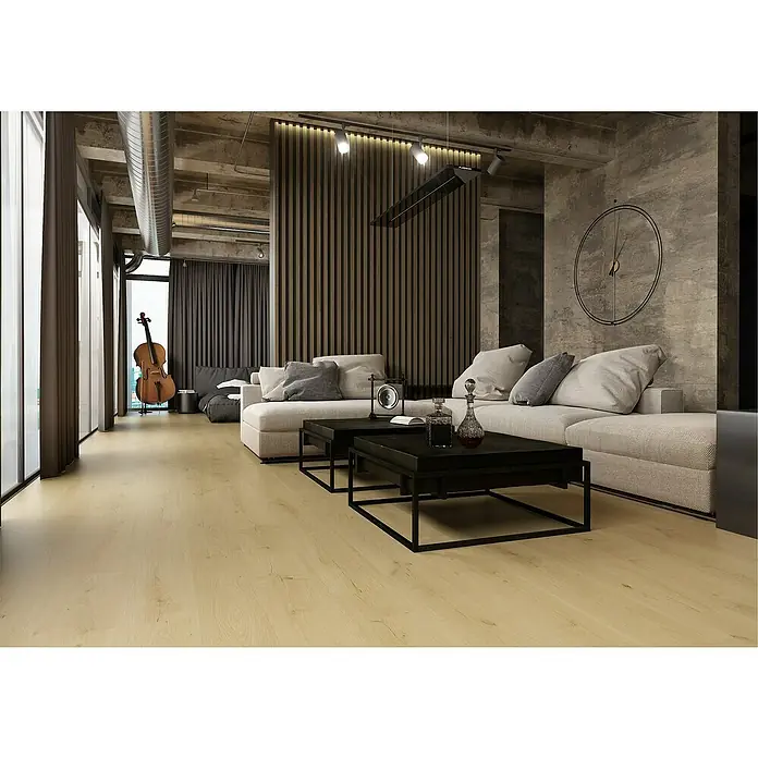 LOGOCLIC Laminado Roble Duna - 1.380 x 193 x 8 mm, Marrón, AC5 - Suelo de madera clara con veteado sutil en un salón moderno de estilo industrial, complementando el mobiliario neutro.