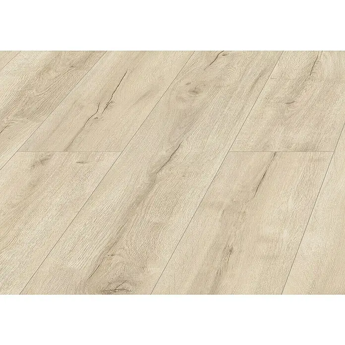 LOGOCLIC Laminado Hidro Roble Siena 24H Resistente al Agua - 1.380 x 191 x 8 mm, Beige, AC4, Resistente al agua - Tablas de suelo de madera beige claro con veta natural y nudos sutiles, colocadas en diagonal.