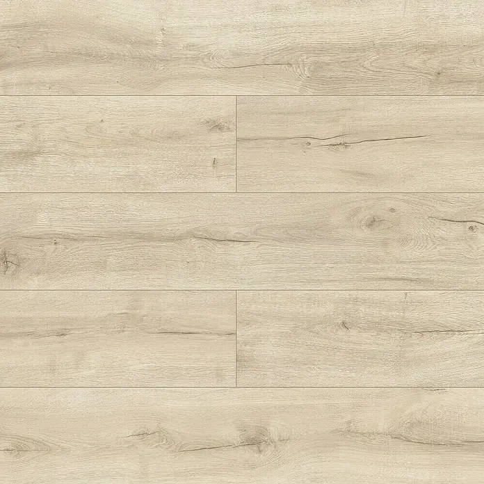 LOGOCLIC Laminado Hidro Roble Siena 24H Resistente al Agua - 1.380 x 191 x 8 mm, Beige, AC4, Resistente al agua - Suelo laminado de madera clara beige con vetas visibles y patrón de tablas.