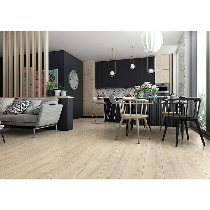 LOGOCLIC Laminado Hidro Roble Siena (1.380 x 191 x 8 mm, Beige, AC4, Resistente al agua) | BAUHAUS