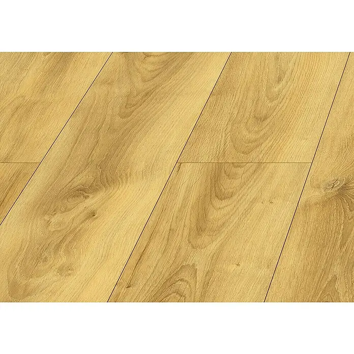 LOGOCLIC Laminado Hidro Roble Milo - 1.380 x 191 x 10 mm, Marrón, AC5 - Suelo laminado de roble claro con veta de madera y algunos nudos, colocado en diagonal.