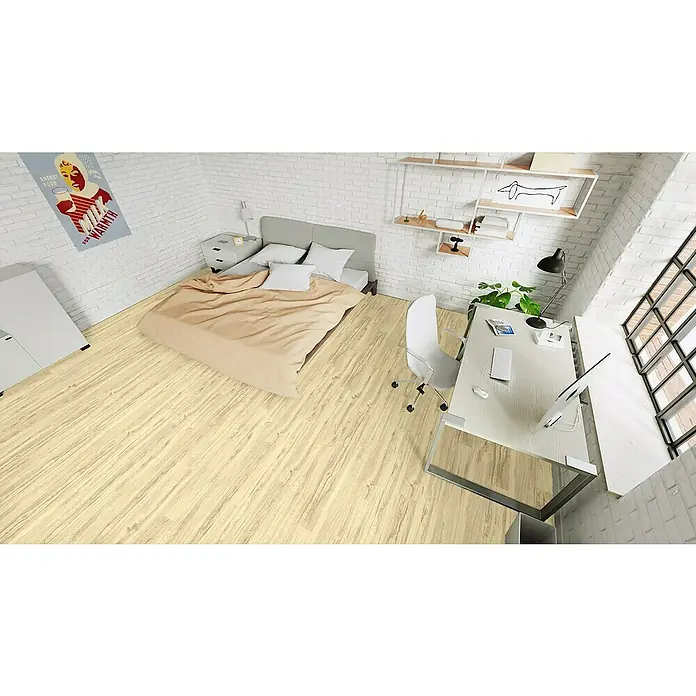 LOGOCLIC Laminado Roble Lumen - 1.380 x 193 x 8 mm, Beige, AC5 - Suelo efecto madera clara con veta sutil en un dormitorio-oficina moderno.