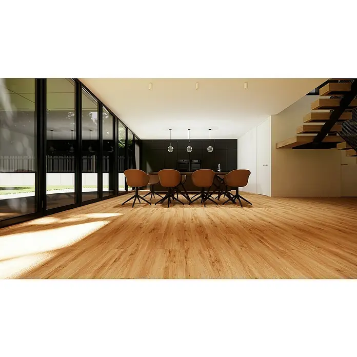 Laminado Roble Miel - 1.200 x 196 x 8 mm, Marrón, AC5 - Suelo de madera clara con veta visible, que abarca un espacio de vida moderno con grandes ventanales y cocina.