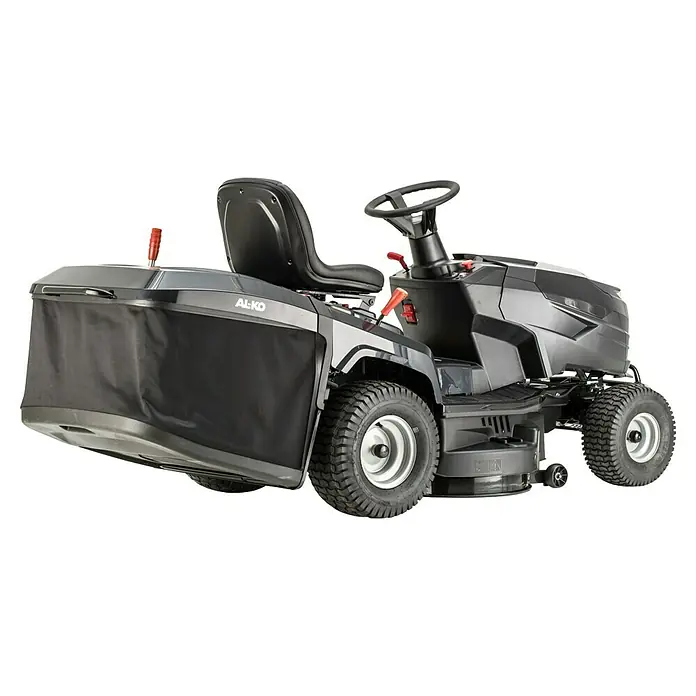 AL-KO Easy Rasentraktor 13-86.6 M-A - 7,2 kW, Schnittbreite: 86 cm, Schnitthöhe: 30 mm - 90 mm, Kraftstoffart: Benzin - Dunkelgrauer Aufsitzmäher mit schwarzem Sitz und Grasfangkorb.