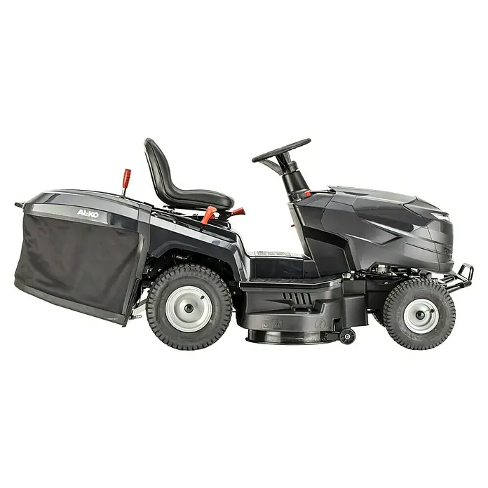 AL-KO Easy Rasentraktor 13-86.6 M-A - 7,2 kW, Schnittbreite: 86 cm, Schnitthöhe: 30 mm - 90 mm, Kraftstoffart: Benzin - Dunkelgrauer und schwarzer Rasentraktor mit Grasfangkorb am Heck.