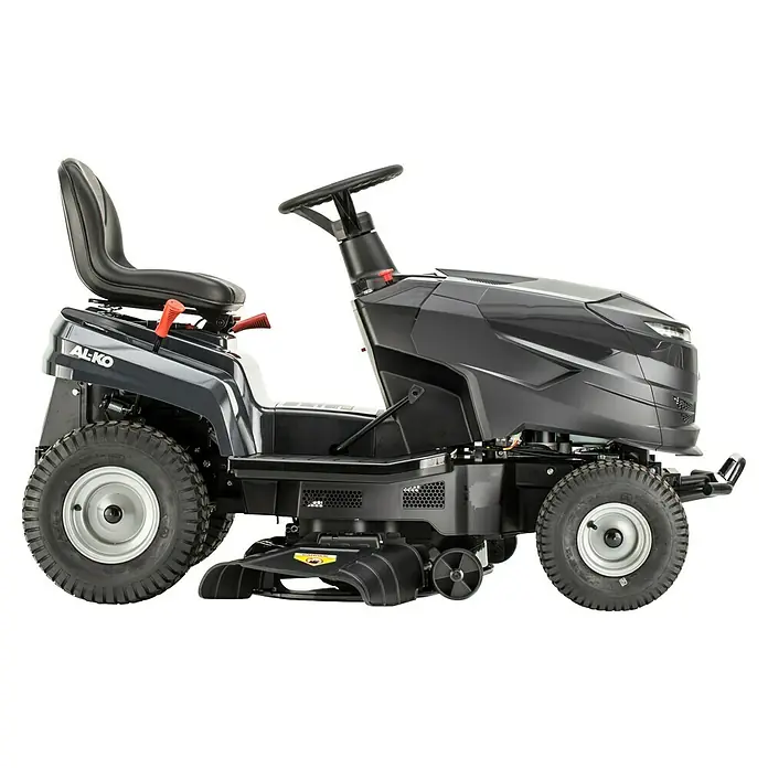 AL-KO Easy Rasentraktor 13-92.6 CS-A - 7,2 kW, Schnittbreite: 92 cm, Schnitthöhe: 30 mm - 90 mm, Kraftstoffart: Benzin - Dunkelgrauer Rasentraktor mit schwarzem Sitz und Lenkrad, ausgestattet mit großen Rädern und sichtbarem Mähdeck.