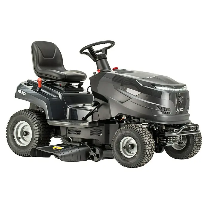 AL-KO Easy Rasentraktor 13-92.6 CS-A - 7,2 kW, Schnittbreite: 92 cm, Schnitthöhe: 30 mm - 90 mm, Kraftstoffart: Benzin - Dunkelgrauer AL-KO Aufsitzrasenmäher mit großen Reifen, schwarzem Sitz, Lenkrad und LED-Frontleuchten.