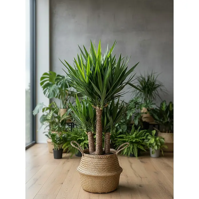 Piardino Palmlilie - Yucca elephantipes, Topfgröße: 27 cm, 3 Stämme gestuft - Grüne Yucca-Pflanze mit mehreren Stämmen in einem gewebten Korb, Teil einer Zimmerpflanzen-Sammlung.