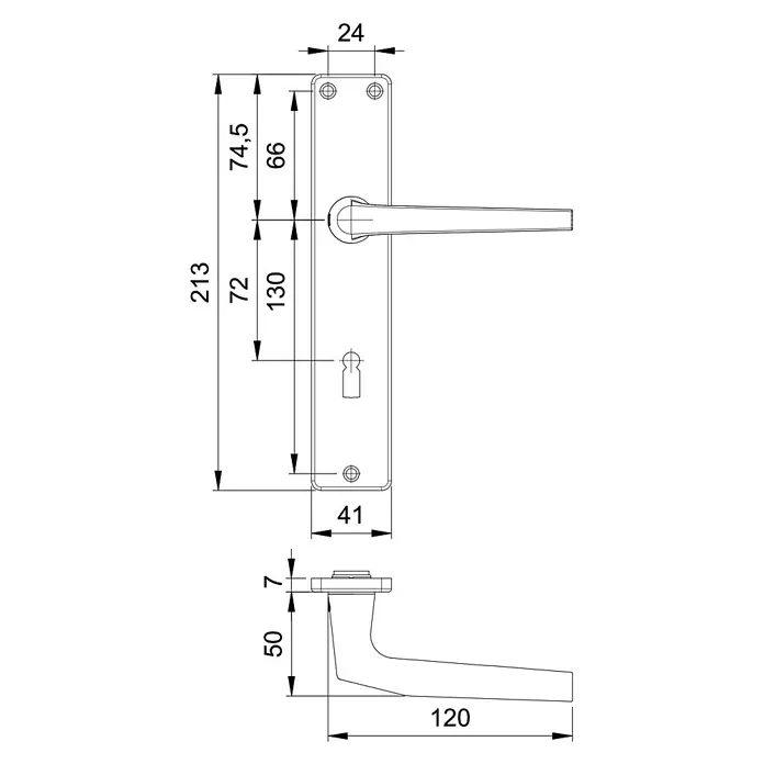 Portaferm Zimmertürgarnitur - Fingerform, Aluminium - Technische Zeichnung eines Türbeschlags mit Langschild, Türdrücker und Schlüsselloch.