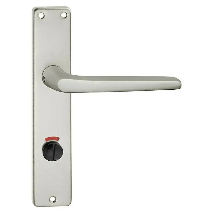 Portaferm WC-Drückergarnitur - Schlitzkopf/Olive, Aluminium, Langschild - Silberner Türdrücker mit schwarzem WC-Drehknopf und roter Anzeige.