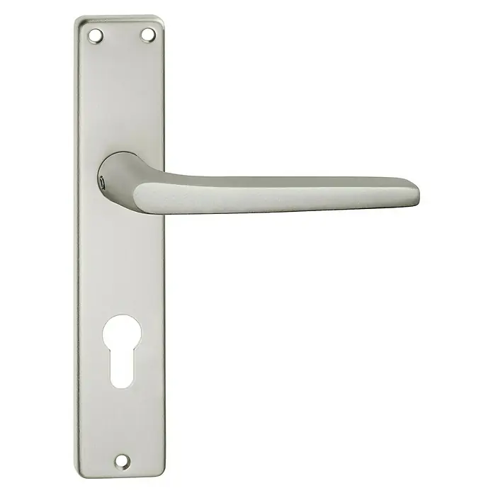 Portaferm Zimmertürgarnitur - Fingerform, Eckig - Türklinke aus gebürstetem silbernem Metall mit Langschild und Schlüsselloch.