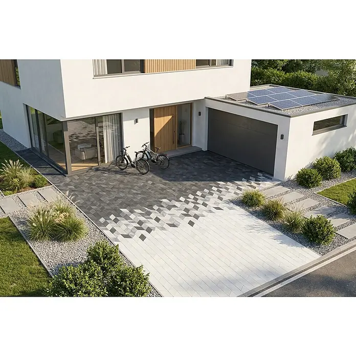 EHL Pflasterstein Plativo - 33,5 x 20 x 8 cm, Weiß-Antrazit, Beton - Auffahrt mit geometrischen Pflastersteinen im Grau-Weiß-Verlauf, die eine optische Täuschung erzeugen.