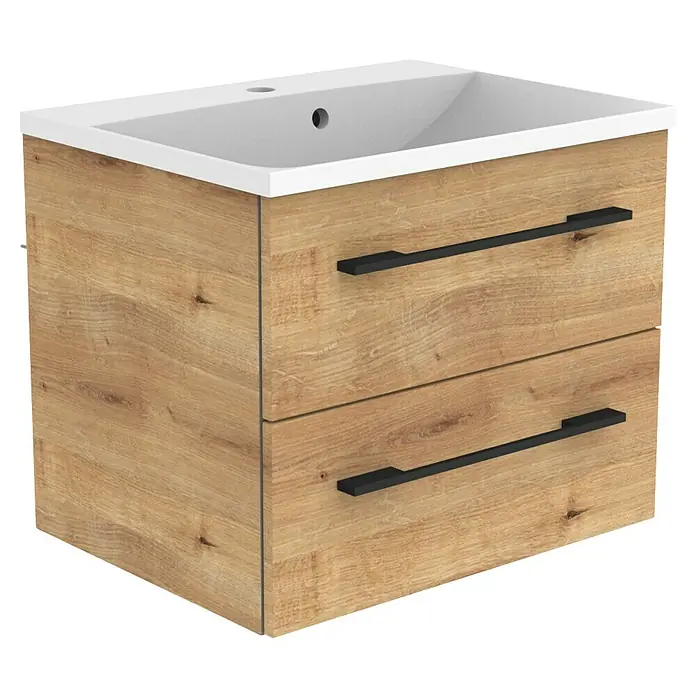 Camargue Stella M Badmöbel-Set - Gesamtbreite Badmöbel: 60 cm, Berg Eiche, Matt, Farbe Griff: Schwarz - Badezimmermöbel aus hellem Holz mit weißem Keramikwaschbecken und zwei Schubladen mit schwarzen Griffen.