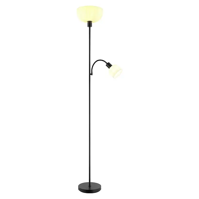 Globo Stehleuchte Hinton - Schwarz, Höhe: 178,7 cm, Lampenfassung: E27 - Schwarze Stehlampe mit Deckenfluter und verstellbarer Leselampe, beide leuchtend.