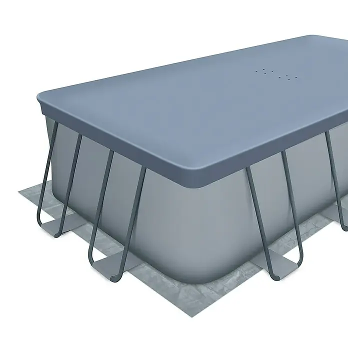 Funsicle Frame-Pool Oasis - L x B x H: 549 x 274 x 132 cm, Grau/Blau, 16.550 l - Rechteckiger Aufstellpool mit blaugrauer Abdeckung, gestützt von dunkelgrauen Rahmen, auf einer Schutzmatte.