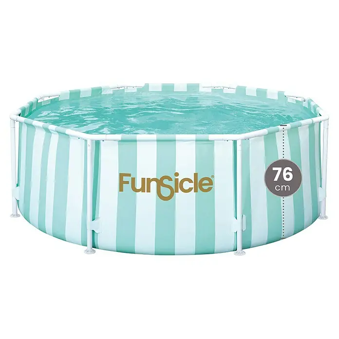 Funsicle Frame-Pool Activity - Ø x H: 244 x 76 cm, Grün/Weiß, 3.032 l - Gestreifter Aufstellpool (hellgrün-weiß) mit Wasser, zeigt 76 cm Höhe und Marke 'Funsicle'.