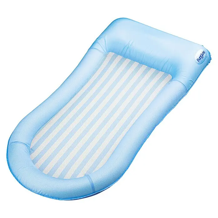 Funsicle Luftmatratze Wasserhängematte - L x B: 180 x 89 cm - Blaues aufblasbares Babybadetuch mit weiß-blau gestreifter Netzmitte und "Funsicle"-Logo.