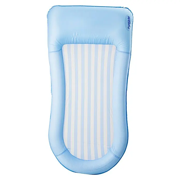 Funsicle Luftmatratze Wasserhängematte - L x B: 180 x 89 cm - Blaues Babynestchen mit gepolsterten Seiten und weiß-blau gestreifter Mesh-Mitte.