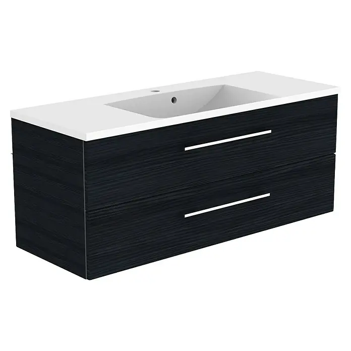 Camargue Stella M Badmöbel-Set - Gesamtbreite Badmöbel: 120 cm, Dark Oak, Matt, Farbe Griff: Chrom Glänzend - Dunkle Holzmaserung Badunterschrank mit integriertem weißen Waschbecken und zwei Schubladen.