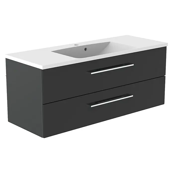 Camargue Stella M Badmöbel-Set - Gesamtbreite Badmöbel: 120 cm, Grafit, Glänzend, Farbe Griff: Chrom Glänzend - Dunkelgrauer wandhängender Badunterschrank mit zwei Schubladen und integriertem weißen Waschbecken.