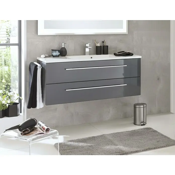 Camargue Stella M Badmöbel-Set - Gesamtbreite Badmöbel: 120 cm, Grafit, Glänzend, Farbe Griff: Chrom Glänzend - Modernes, wandhängendes Badezimmer-Waschtischunterschrank in Glanzgrau mit integriertem weißen Waschbecken und zwei Schubladen.