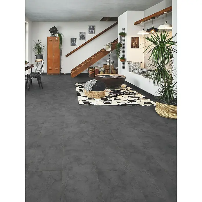 LOGOCLIC Ceramico Laminat - Dark Slate, Fliese, 638 x 330 x 8 mm - Dunkelgraue Bodenfliesen in Steinoptik schaffen eine moderne, industrielle Atmosphäre im Raum.
