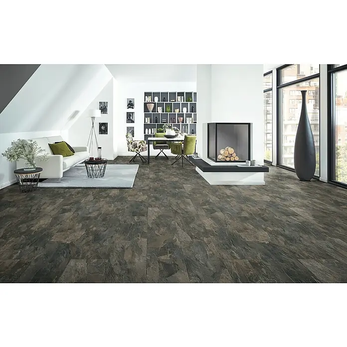LOGOCLIC Ceramico Laminat Silent - Ceramico, Fliese, 638 x 330 x 8 mm - Dunkler, mehrfarbiger Boden in Schieferoptik für einen modernen Wohn- und Essbereich.