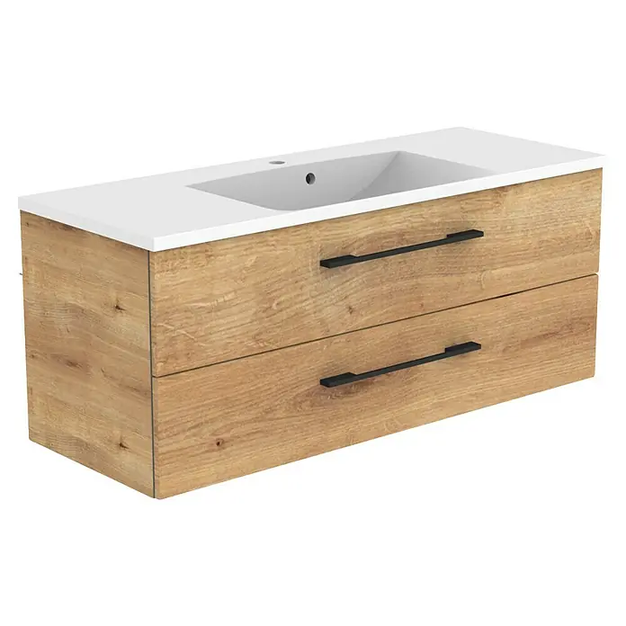 Camargue Stella M Badmöbel-Set - Gesamtbreite Badmöbel: 120 cm, Berg Eiche, Matt, Farbe Griff: Schwarz - Weißer Waschtischunterschrank aus hellem Holz mit zwei Schubladen und schwarzen Griffen.