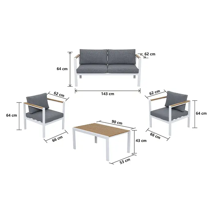 Sunfun Conjunto de muebles Selma - 4 pzs., Aluminio/Polywood, Blanco - Set de salón exterior: sofá con estructura de metal blanco, dos sillones y mesa de centro de lamas con cojines gris, mostrando dimensiones.