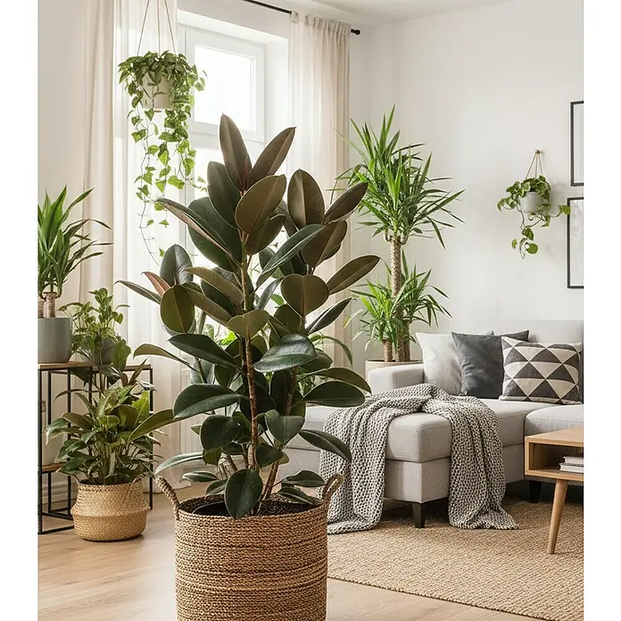 Piardino Gummibaum in Sorten - Ficus elastica, Topfgröße: 27 cm - Ein helles Wohnzimmer voller verschiedener Grünpflanzen, mit einem großen Gummibaum im Korb und anderen Topfpflanzen.