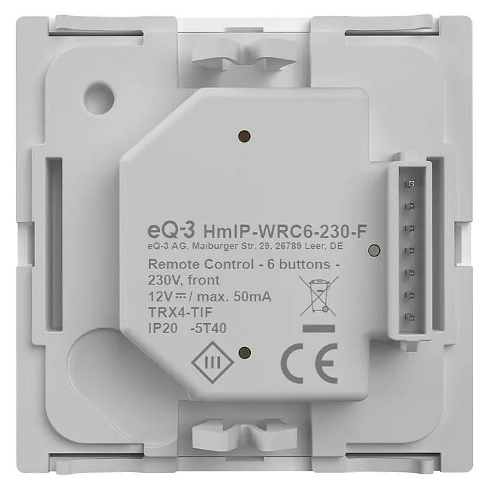Homematic IP Funk-Wandtaster 6-fach, 230 V HmIP-WRC6-230 - Weiß - Weiße Smart-Home-Fernbedienung (HmIP-WRC6-230-F) Rückseite mit Produktdetails und mehrpoligem Stecker.