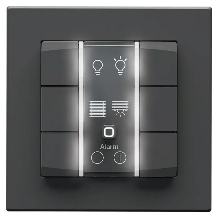 Homematic IP Funk-Wandtaster 6-fach, 230 V HmIP-WRC6-230-A - Anthrazit - Dunkelgraues Smart-Home-Bedienfeld mit beleuchtetem Zentraldisplay für Licht-, Jalousie- und Alarm-Symbole sowie umliegenden Tasten.