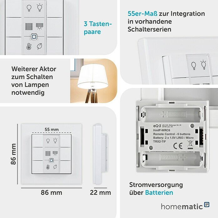 Homematic IP Funk-Wandtaster 6-fach (Batteriebetrieben, Weiß, 22 x 86 x 86 mm)