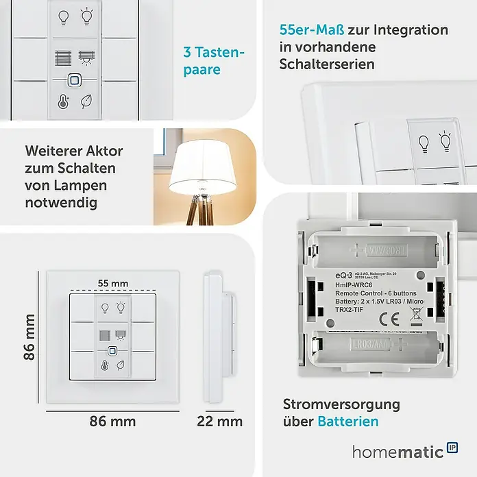 Homematic IP Funk-Wandtaster 6-fach, 230 V HmIP-WRC6-230 - Weiß - Weißer Homematic IP 6-Tasten Smart-Home-Fernschalter (86x86x22mm), batteriebetrieben, für 55mm Rahmen.