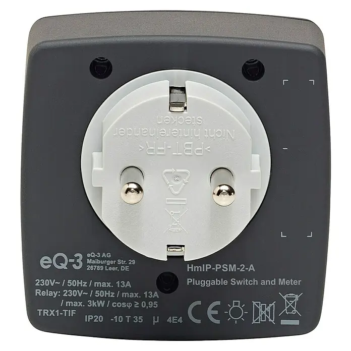 Homematic IP Smart-Steckdose Messgerät HmIP-PSM-2-A - Innen, IP20, Anthrazit, 3.000 W, 13 A - Dunkelgrauer Smart Plug mit weißer Schuko-Steckdose, zeigt Produktinformationen und technische Daten.