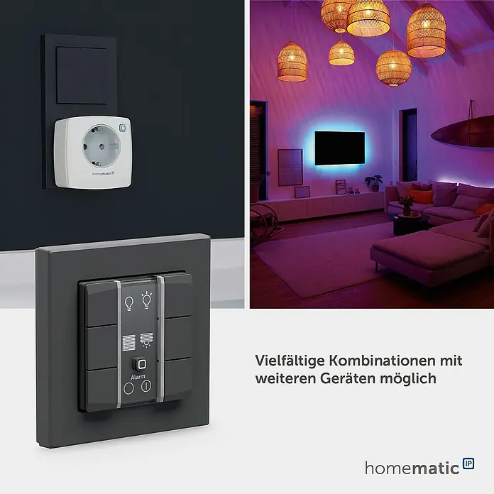 Homematic IP Funk-Wandtaster 6-fach, 230 V HmIP-WRC6-230-A - Anthrazit - Homematic Smart-Home-Geräte: ein weißer Smart-Stecker, ein dunkelgraues Bedienfeld und ein Wohnzimmer mit smarter, farbiger Beleuchtung.
