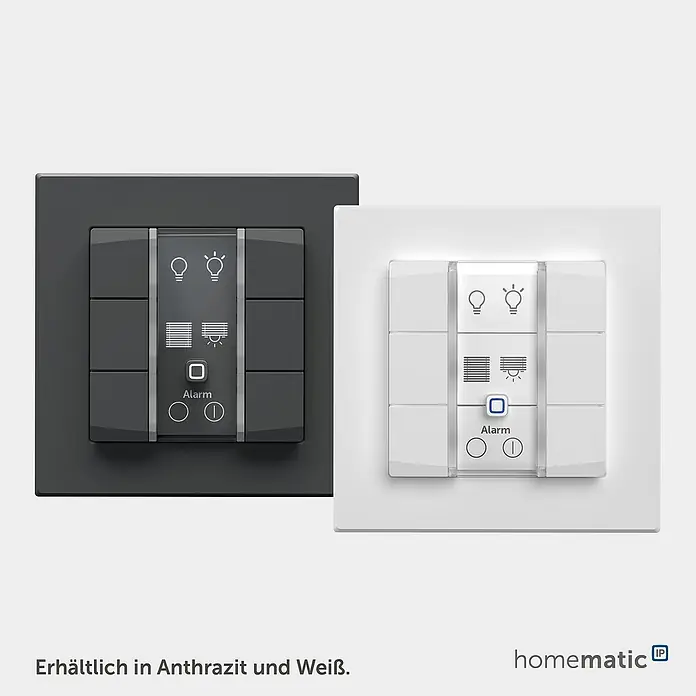 Homematic IP Funk-Wandtaster 6-fach, 230 V HmIP-WRC6-230 - Weiß - Zwei smarte Homematic IP Wandtaster, Anthrazit und Weiß, mit beleuchteten Touch-Bedienelementen für Licht, Jalousien und Alarmfunktionen.