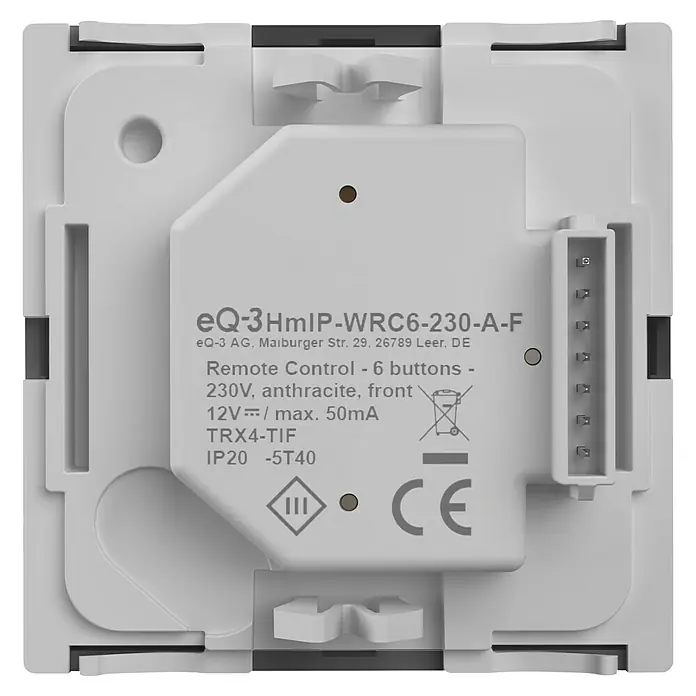 Homematic IP Funk-Wandtaster 6-fach, 230 V HmIP-WRC6-230-A - Anthrazit - Rückseite eines weißen Smart Home Fernbedienungsmoduls mit Produktdetails, Modell eQ-3 HmIP-WRC6-230-A-F, und mehrpoligem Stecker.