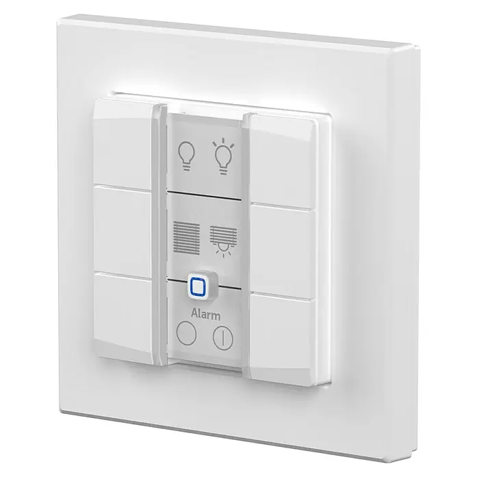 Homematic IP Funk-Wandtaster 6-fach, 230 V HmIP-WRC6-230 - Weiß - Weißes Smart-Home-Bedienfeld mit Touch-Tasten für Licht, Jalousien und Alarmsystem, in einer Wandplatte.