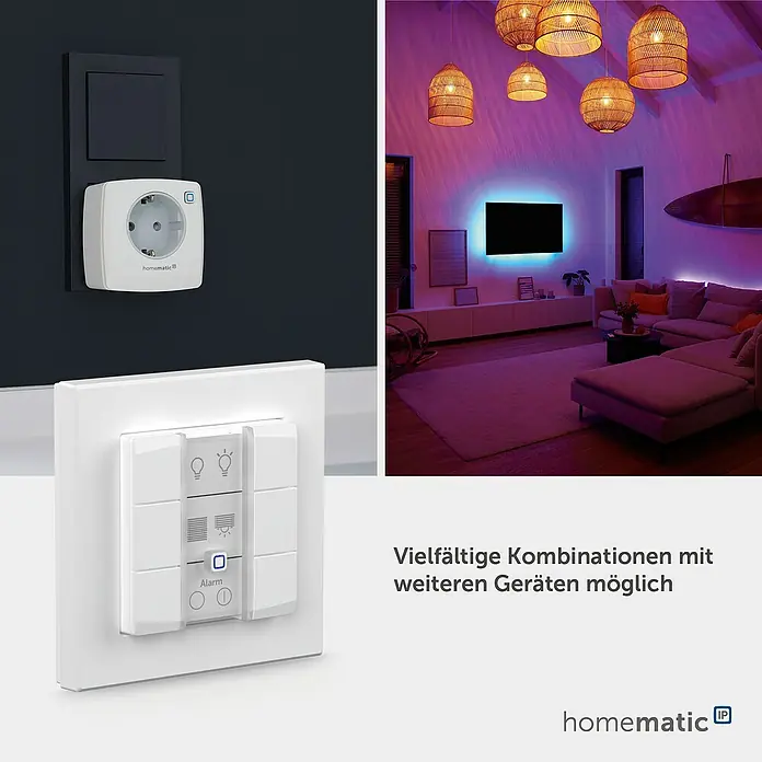 Homematic IP Funk-Wandtaster 6-fach, 230 V HmIP-WRC6-230 - Weiß - Weißer smarter Zwischenstecker und Multifunktions-Wandschalter in modernem Smart Home mit Umgebungsbeleuchtung, demonstriert Geräteintegration.