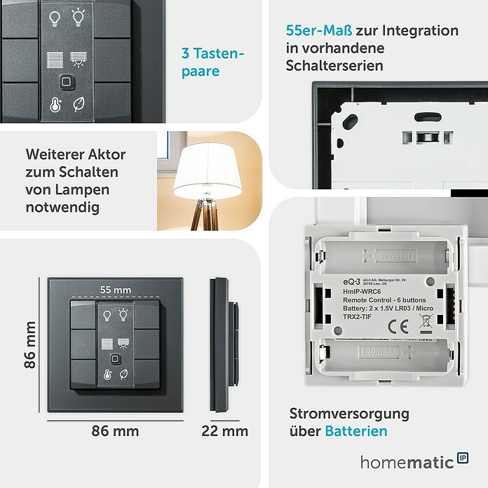 Homematic IP Funk-Wandtaster 6-fach, 230 V HmIP-WRC6-230-A (Anthrazit) | BAUHAUS