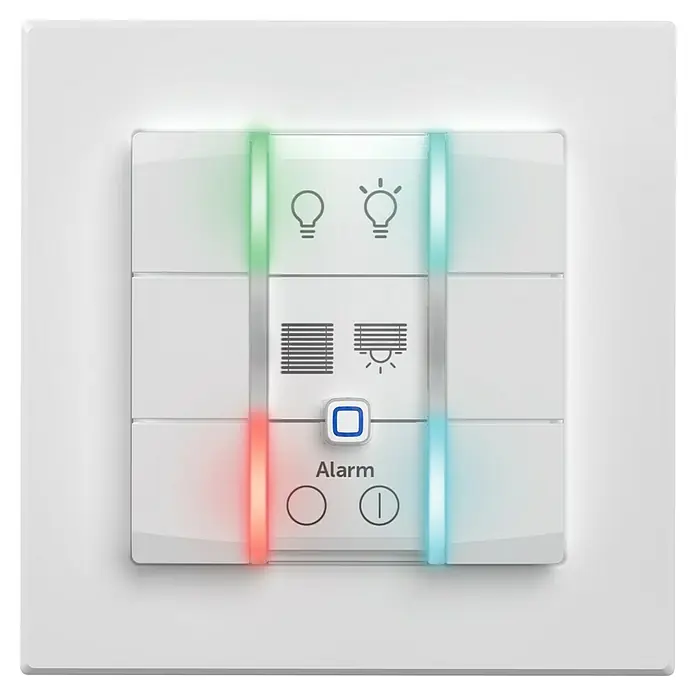 Homematic IP Funk-Wandtaster 6-fach, 230 V HmIP-WRC6-230 - Weiß - Weißer Smart-Home-Wandschalter mit Touchpanels, Licht- und Jalousie-Icons, Alarmtaste und farbigen LED-Streifen.