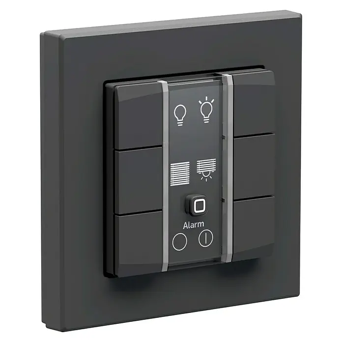 Homematic IP Funk-Wandtaster 6-fach, 230 V HmIP-WRC6-230-A - Anthrazit - Dunkelgraues Smart-Home-Bedienfeld mit zentralem Display für Licht-, Jalousie- und Alarmfunktionen.