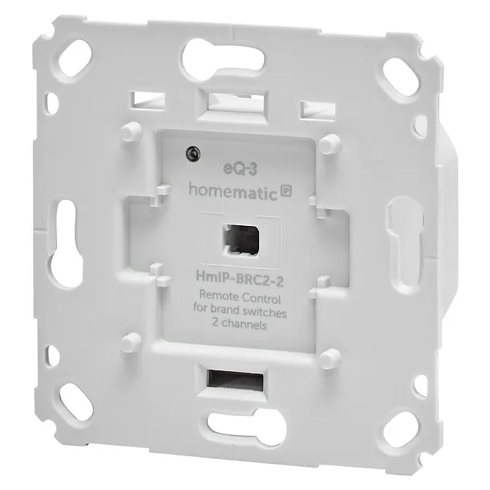 Homematic IP Funk-Wandtaster HmIP-BRC2-2 - 2-fach, Unterputzmontage, 230 V, 37 x 71 x 71 mm - Rückseite eines weißen Homematic IP 2-Kanal-Fernbedienungsmoduls (HmIP-BRC2-2) aus Kunststoff für Markenschalter.