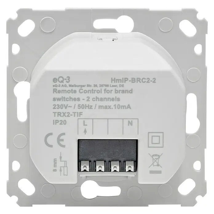 Homematic IP Funk-Wandtaster HmIP-BRC2-2 - 2-fach, Unterputzmontage, 230 V, 37 x 71 x 71 mm - Weißes Kunststoffmodul eQ-3 HmIP-BRC2-2, Fernbedienung für Schalter, mit Anschlüssen und technischen Daten.