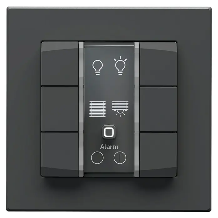 Homematic IP Funk-Wandtaster 6-fach, 230 V HmIP-WRC6-230-A - Anthrazit - Dunkelgraues Smart-Home-Bedienfeld mit Glanz-Finish, Tasten für Licht, Jalousien und Alarmsystem.