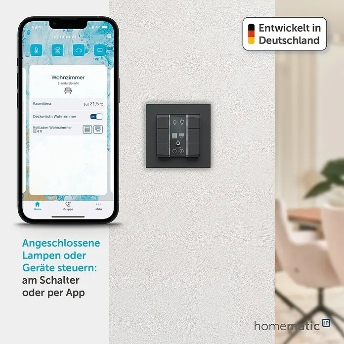 Homematic IP Funk-Wandtaster 6-fach, 230 V HmIP-WRC6-230-A - Anthrazit - Schwarzer Smart-Home-Wandschalter und Smartphone-App zur Steuerung angeschlossener Lampen und Geräte.