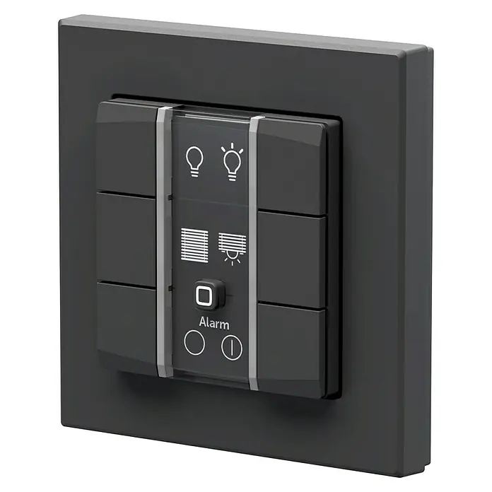 Homematic IP Funk-Wandtaster 6-fach, 230 V HmIP-WRC6-230-A - Anthrazit - Dunkelgrauer Smart-Home-Wandschalter mit Symbolen für Beleuchtung, Jalousiensteuerung und Alarmtaste.