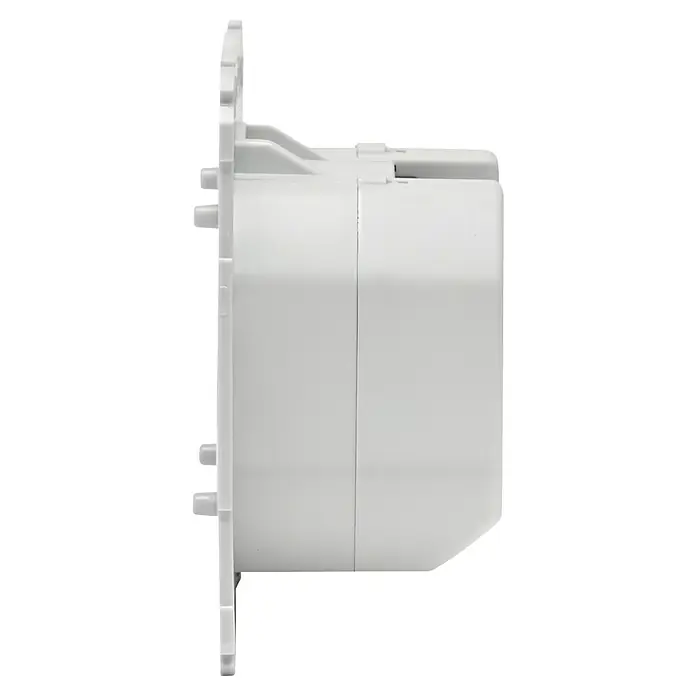 Homematic IP Funk-Wandtaster HmIP-BRC2-2 - 2-fach, Unterputzmontage, 230 V, 37 x 71 x 71 mm - Weißes Kunststoff-Elektromodul, Seitenansicht, bereit zur Installation.