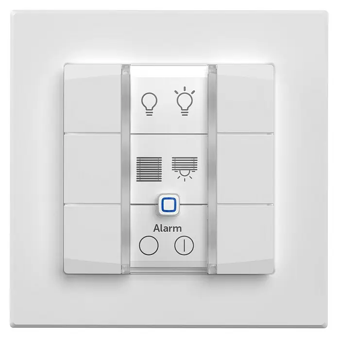 Homematic IP Funk-Wandtaster 6-fach, 230 V HmIP-WRC6-230 - Weiß - Weißes Smart-Home-Bedienfeld mit Tasten für Licht, Jalousien und blau leuchtendem Alarmknopf.